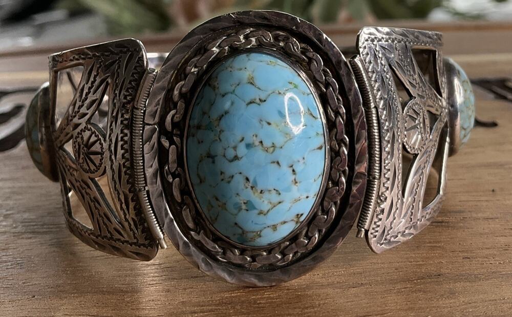 Vintage Taxco Mexico 925 Sterling Silver Turquoise Cuff Bracelet 38g